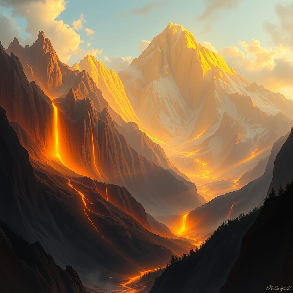 Liquid Gold Mountain with Molten Sunlight Rivers