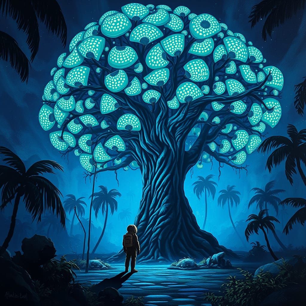 Bioluminescent Tree in Alien Jungle, Impasto Painting