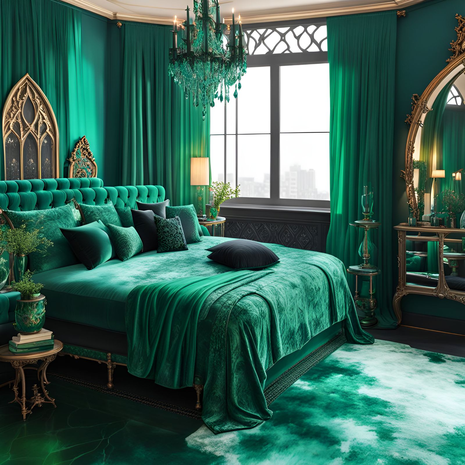 Teal green gothic bedroom with Emerald green frames& gothic windows& gothic emerald green curtains& Emerald green gothic...
