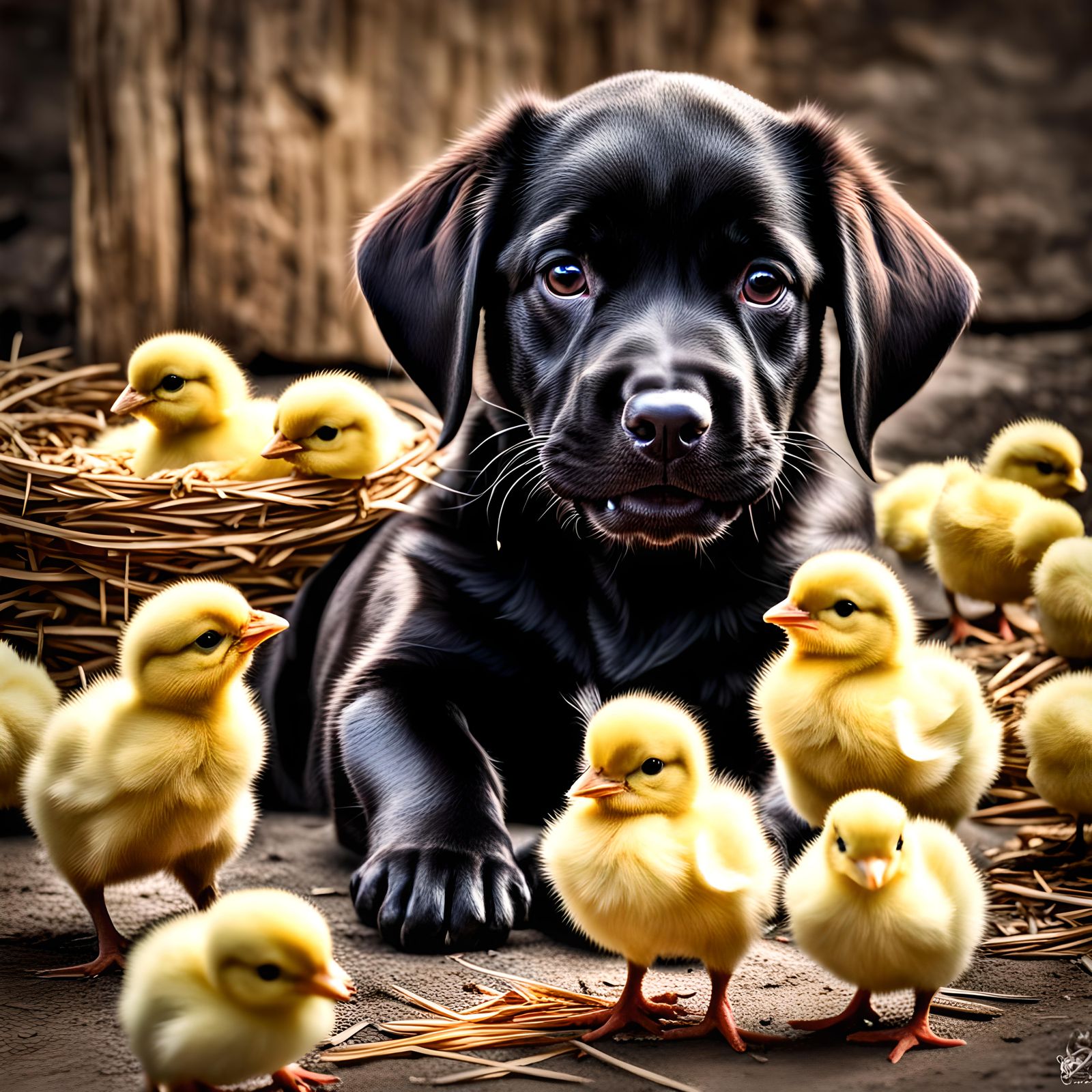 Puppy's First Friends: A Hyperrealistic Farmyard Scene