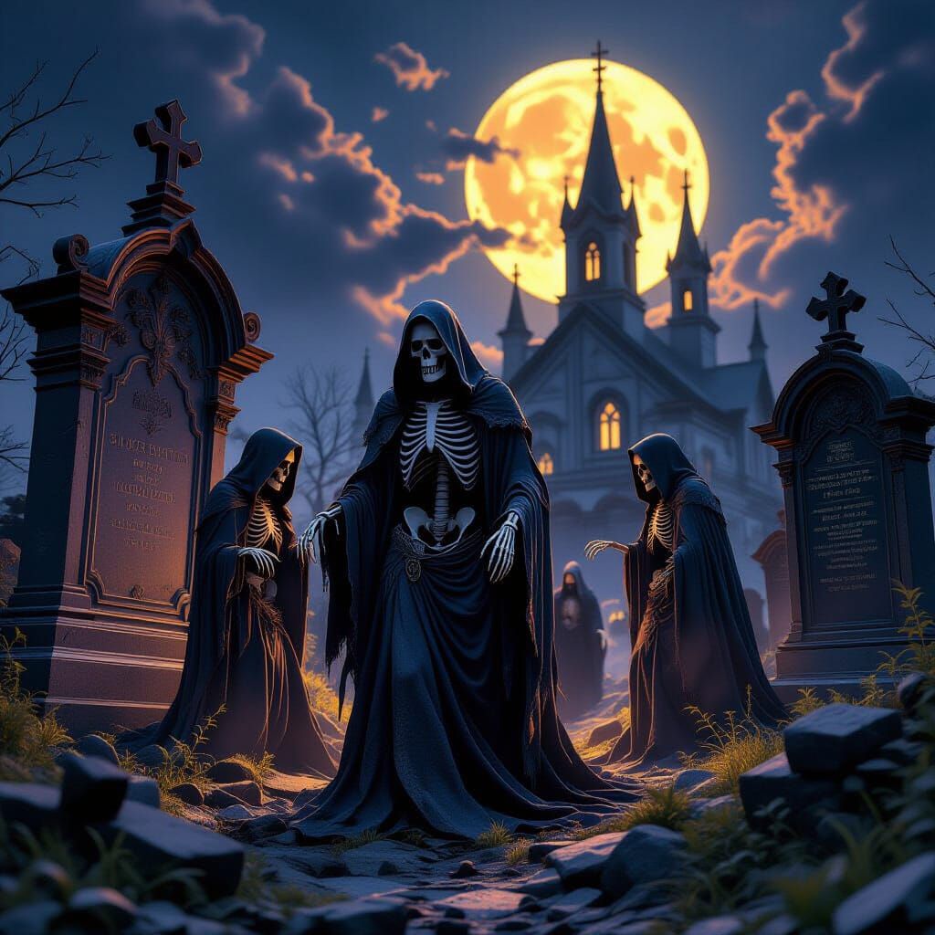 Skeletons Rise in Moonlit Graveyard, Dark Fantasy Art