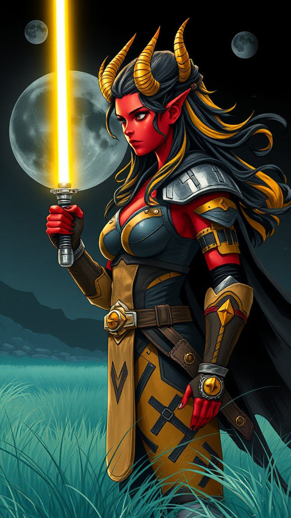 Red-Skinned Jedi Girl with Yellow Lightsaber