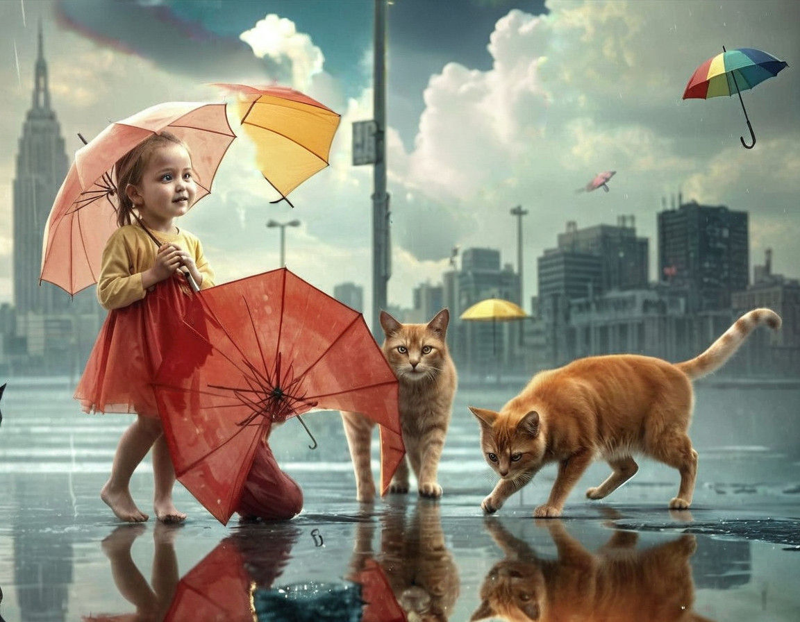 a stormy sky, vibrant umbrellas floating in the air as if defying gravity