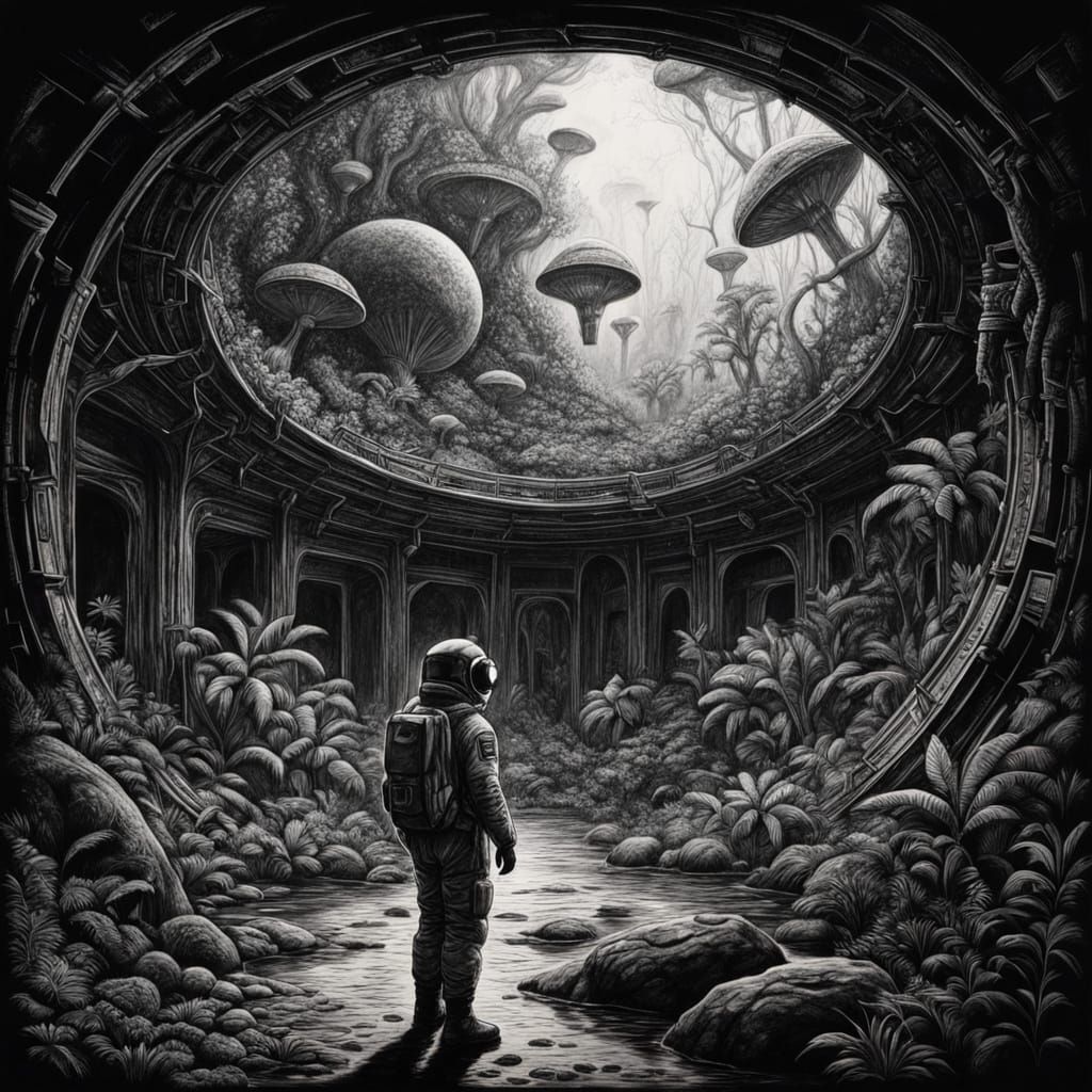 Astronaut Contemplates Alien Jungle in Charcoal Drawing Styl...