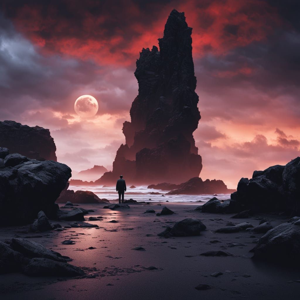 Twisted Dark Figure on a Black Sand Beach in a Dark Fantasy ...