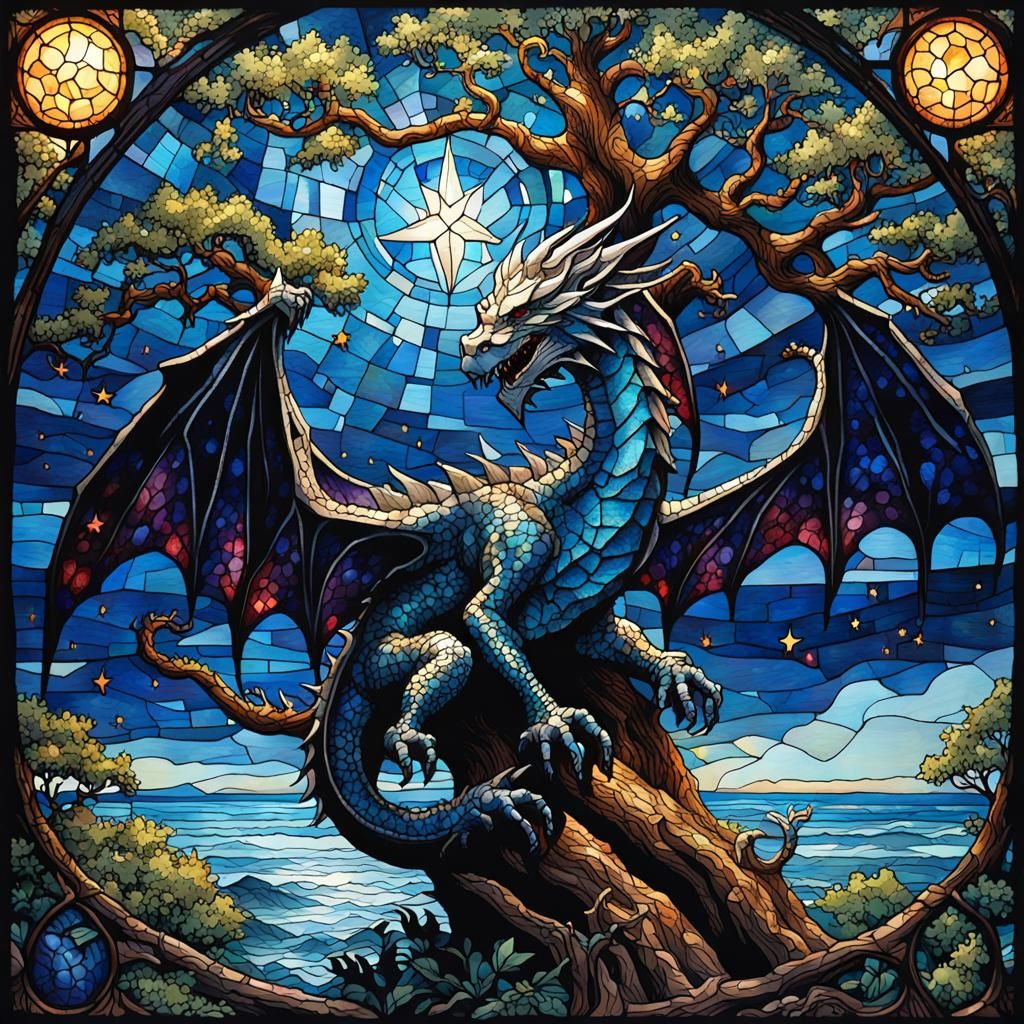 Dragon on Oak: Stained Glass Mosaic in Gouache