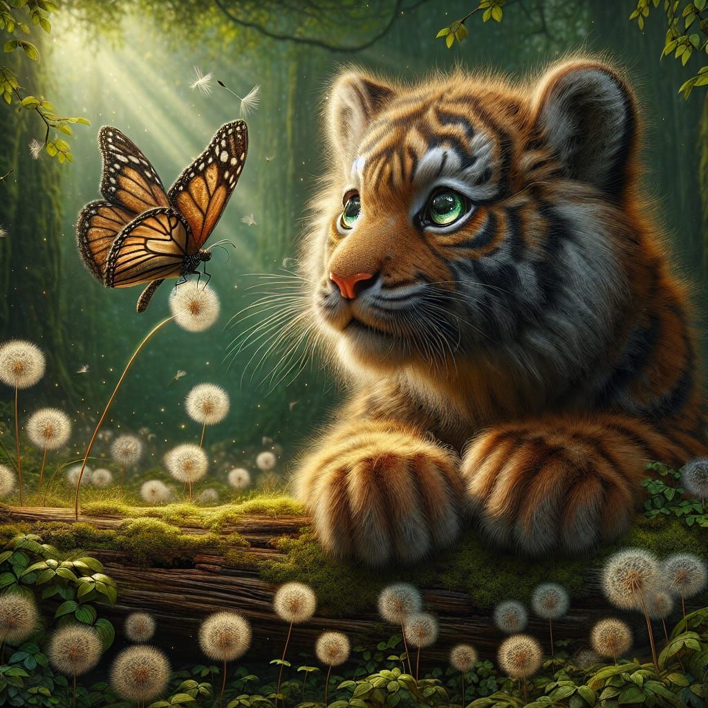 Endearing Tiger and Butterfly in Enchanted Forest