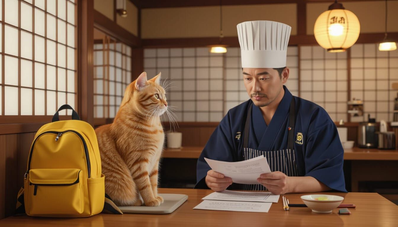 Cat at Japanese Ramen Restaurant: 3D Render
