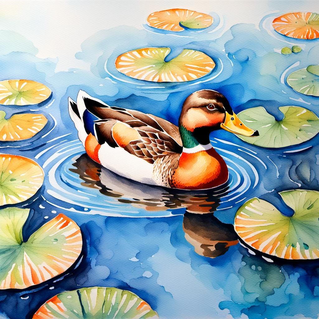 Happy Duck in Pond: Watercolour Painting