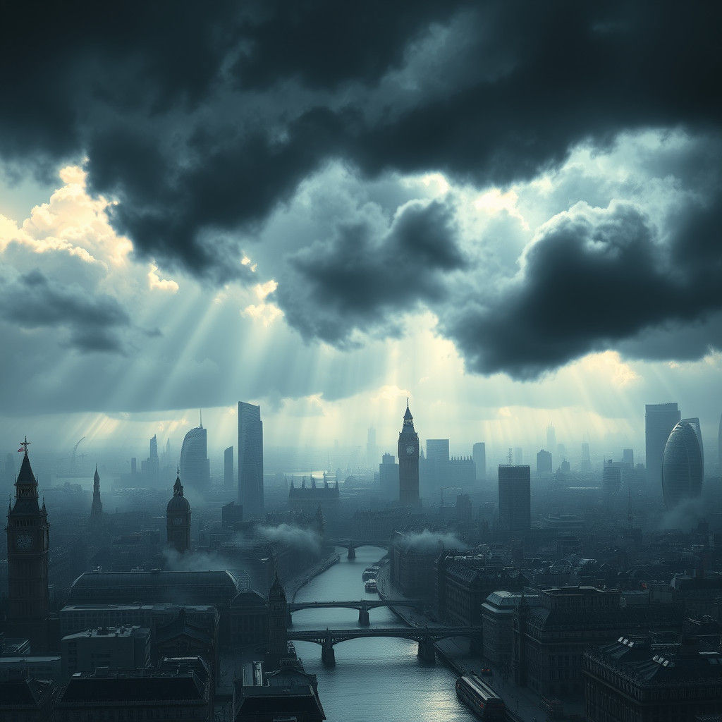 Dramatic London Cityscape on Stormy Day: Digital Matte Paint...