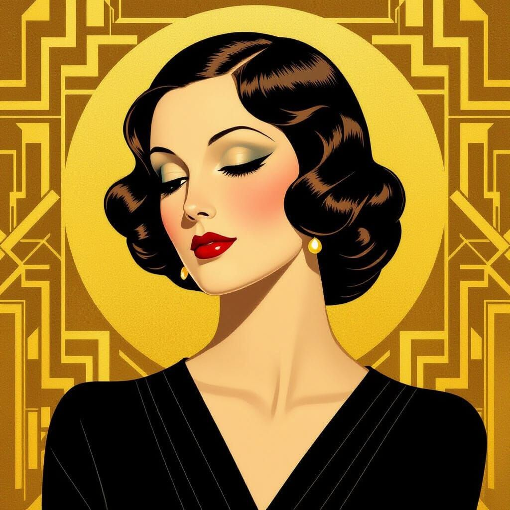 Art Deco Woman Portrait in Bold Gold Style