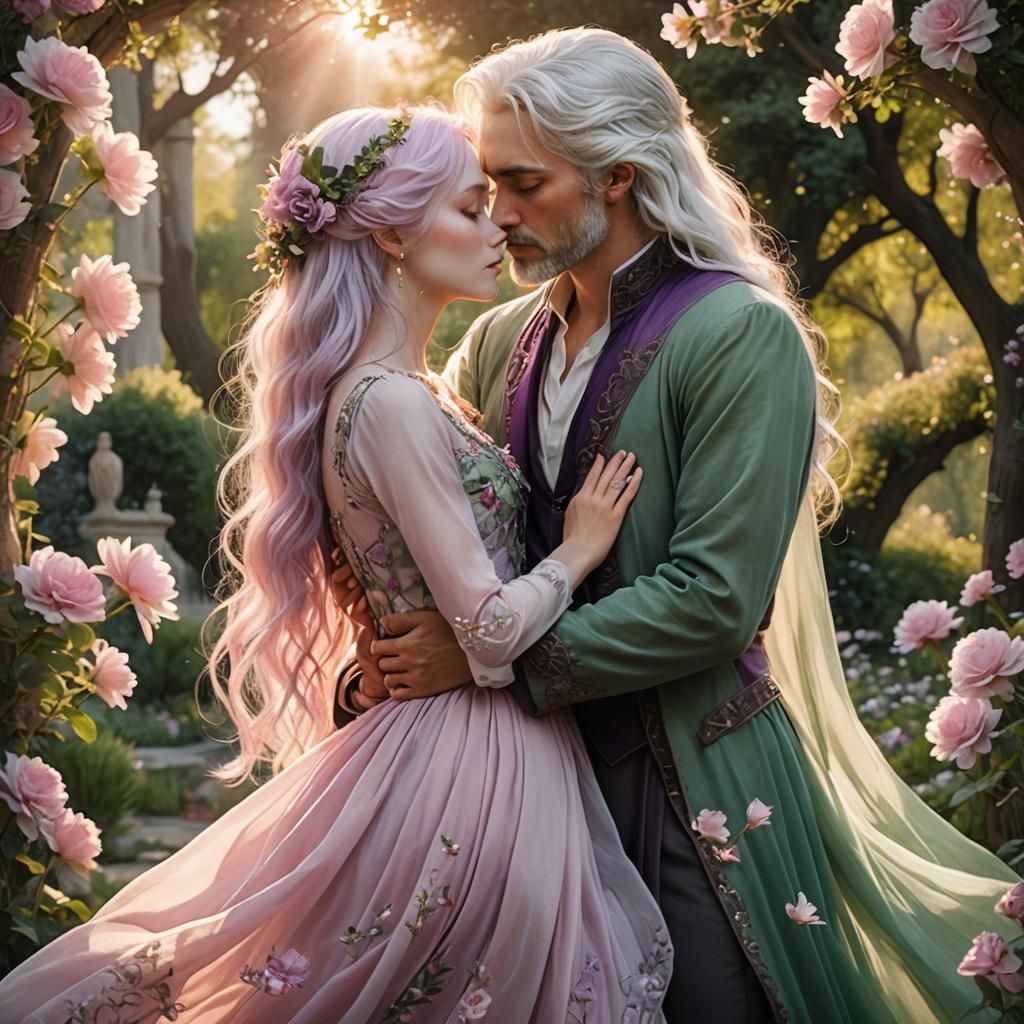 Ethereal Embrace: Fantasy Garden Scene in Pastel Colors