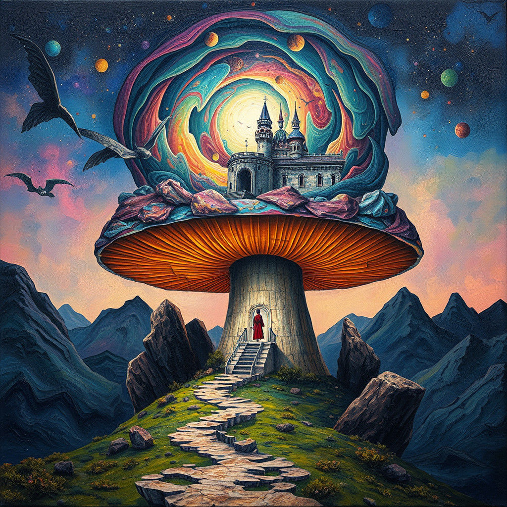 Surreal Mushroom Castle in Dreamlike Landscape