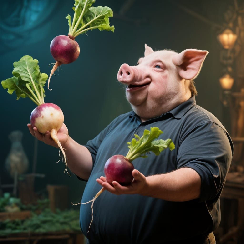 Corpulent Man With Pig Head Juggles Living Turnips