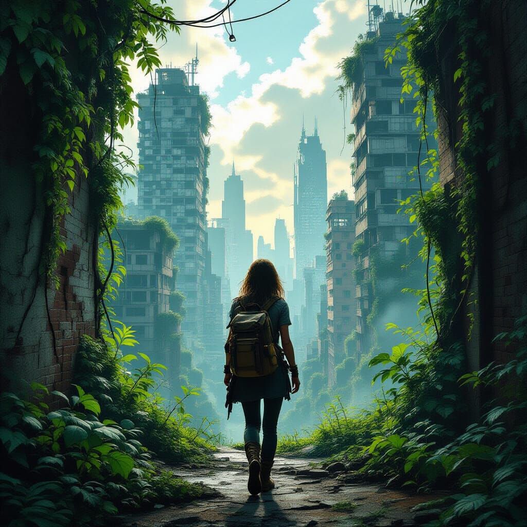 Woman in Overgrown Post-Apocalyptic Cityscape