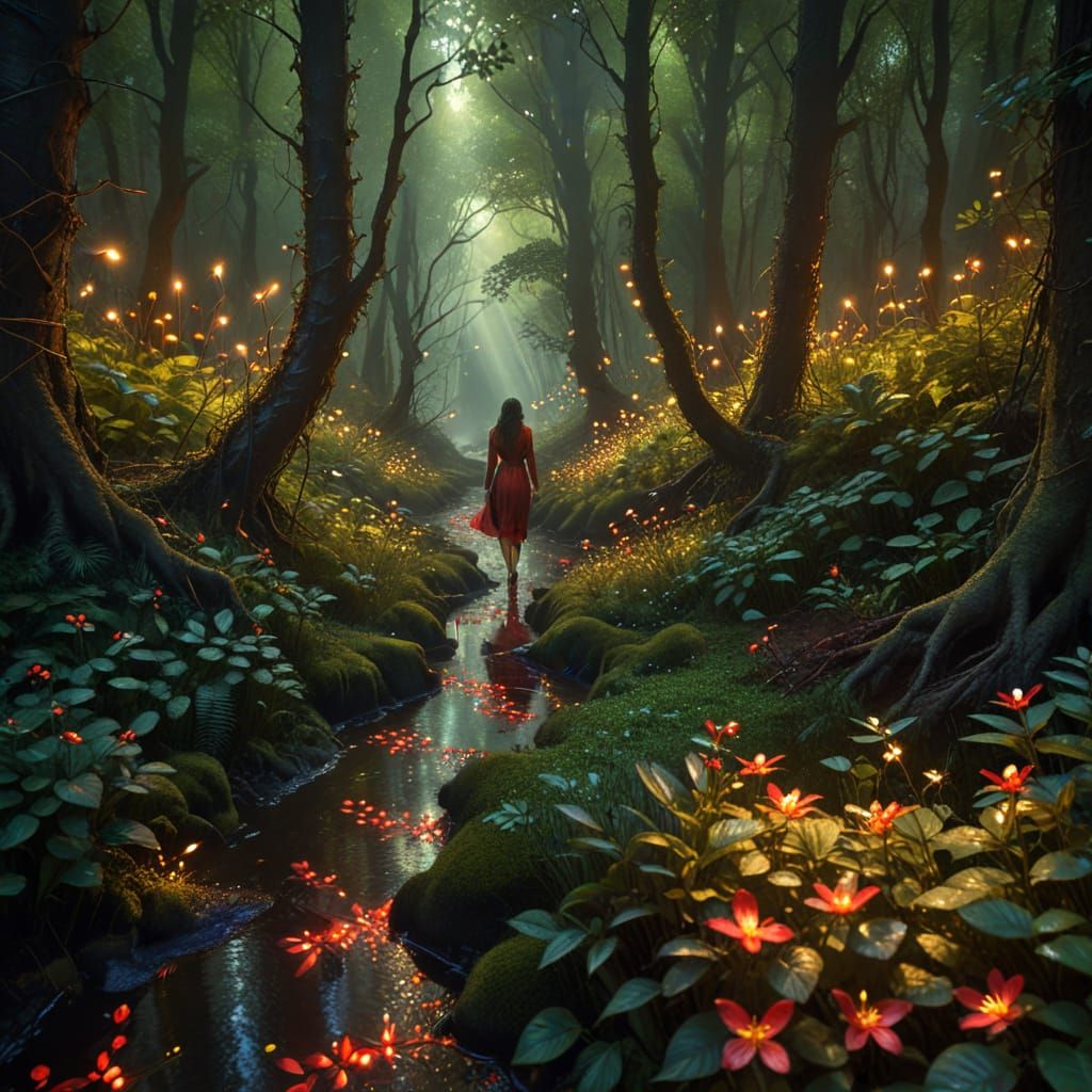 Mysterious Red Figure Walks Through a Twisted, Dappled Fores...