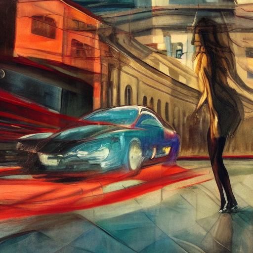 Woman Rides Supercar in Expressionist Oil Painting