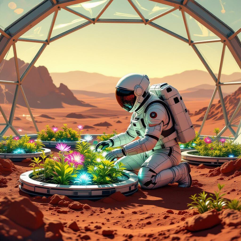Astronaut Tends Alien Garden Under Martian Dome