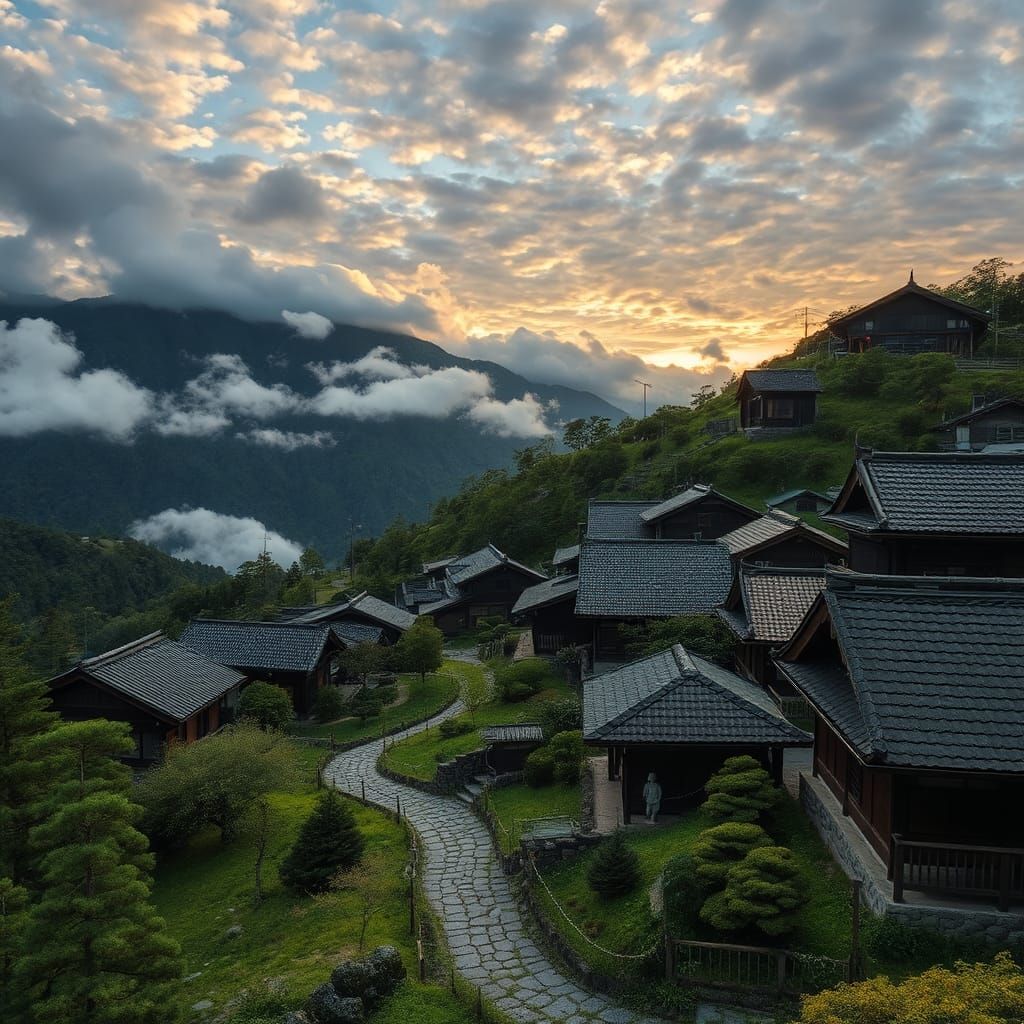 Serene Japanese Mountain Village in Hyperrealistic Detail