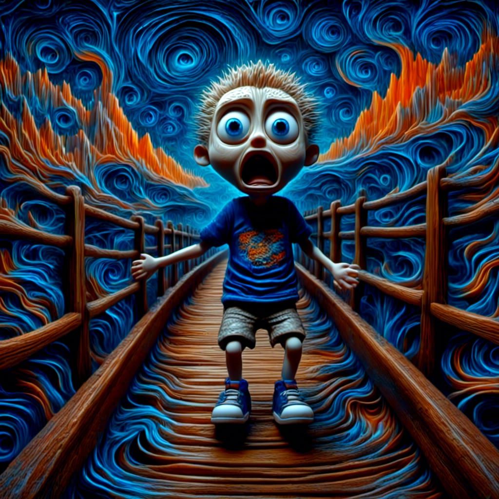 An intensely emotive anthropomorphic screaming boy wearing a...