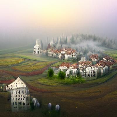 Foggy Town in Field: Detailed Matte Painting
