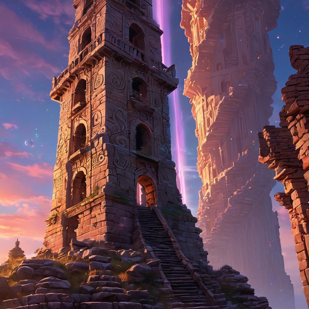 Grand Tower Rises from Ancient Ruins in Eerie Light