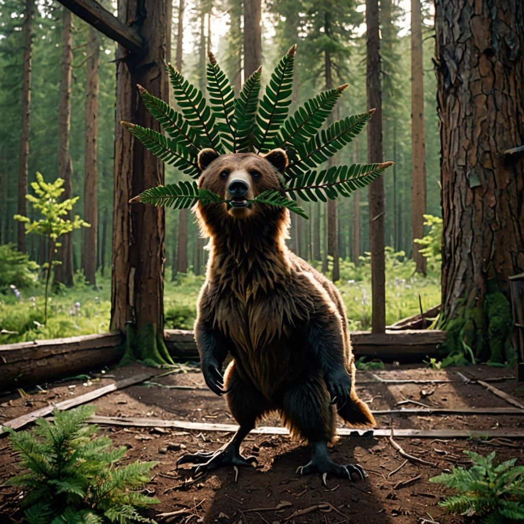 Golden Grizzly Bear in Majestic Pine Forest Landscape