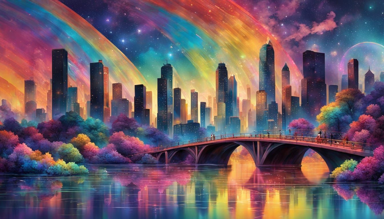 Crystal Bridge Over Iridescent Lake in Vibrant Graffiti Styl...