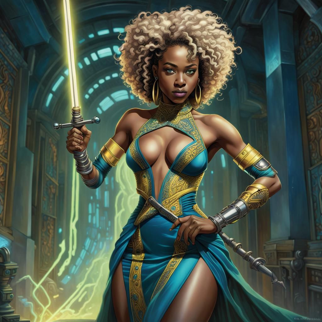 Biopunk African American Woman with Saber Sword