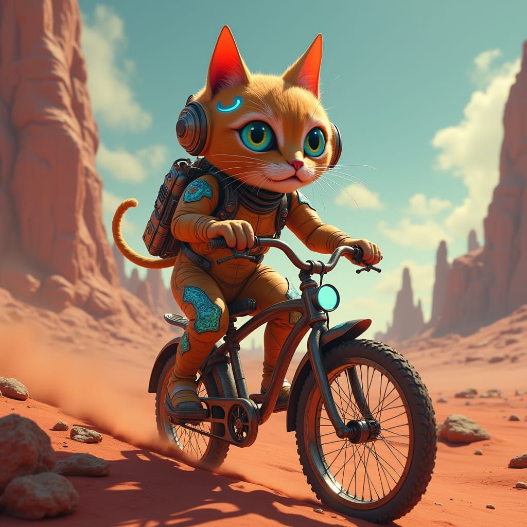 Whimsical Cat Rides Retro-Futuristic Bicycle on Mars