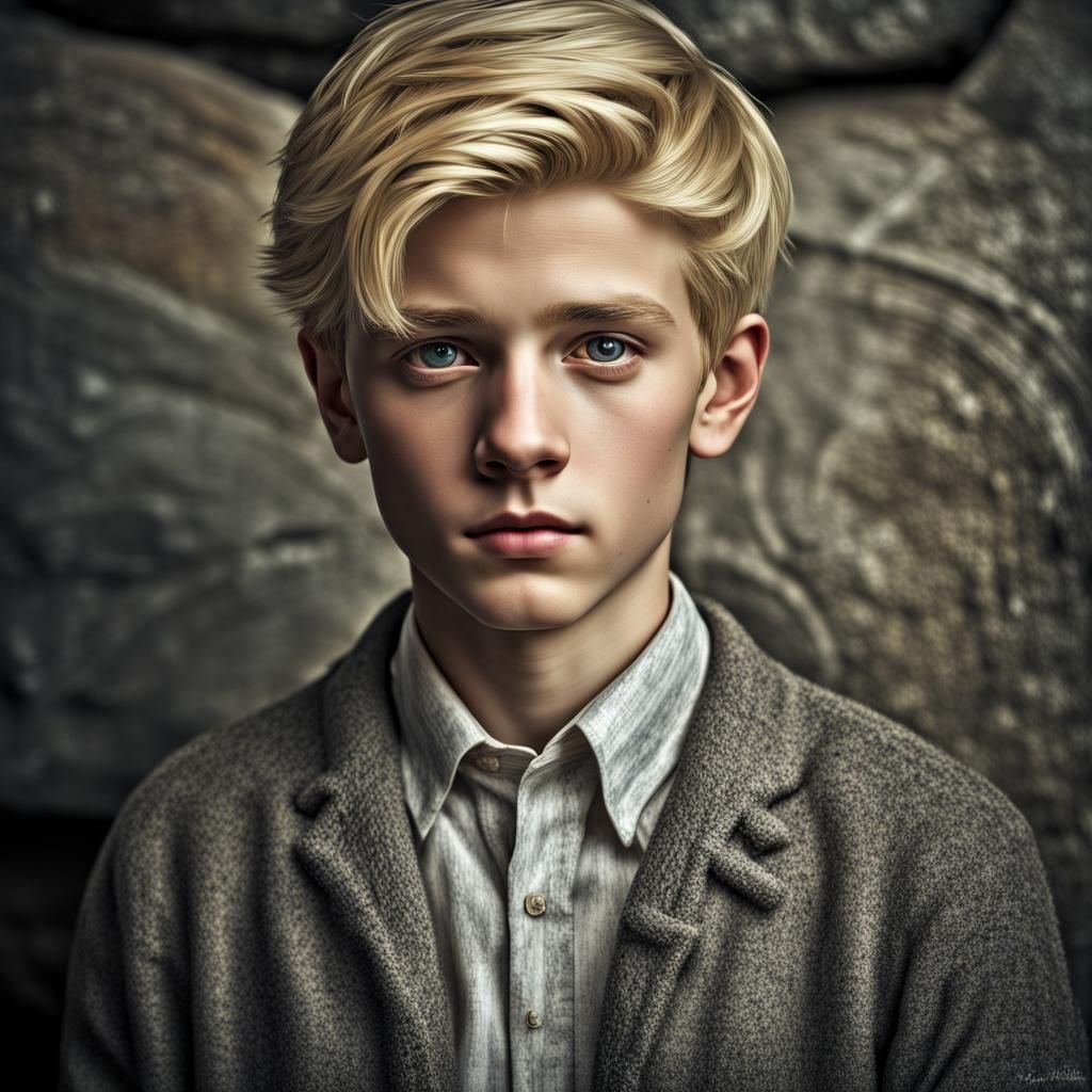 Blond Boy Portrait with Grey Eyes in Hyperrealism