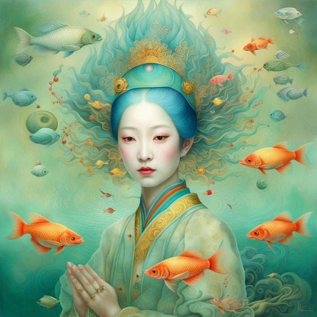 Pisces in Surrealist Watercolour Painting with Cosmic Symbol...