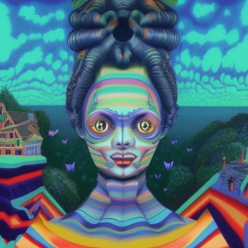 Trippy Victorian Village Optical Illusion in Digital Art