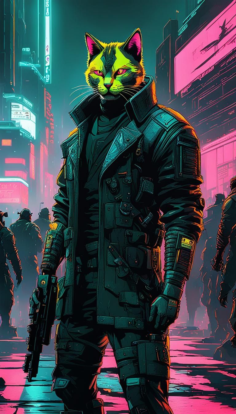 Cat Soldiers in Cyberpunk Neon Cityscape