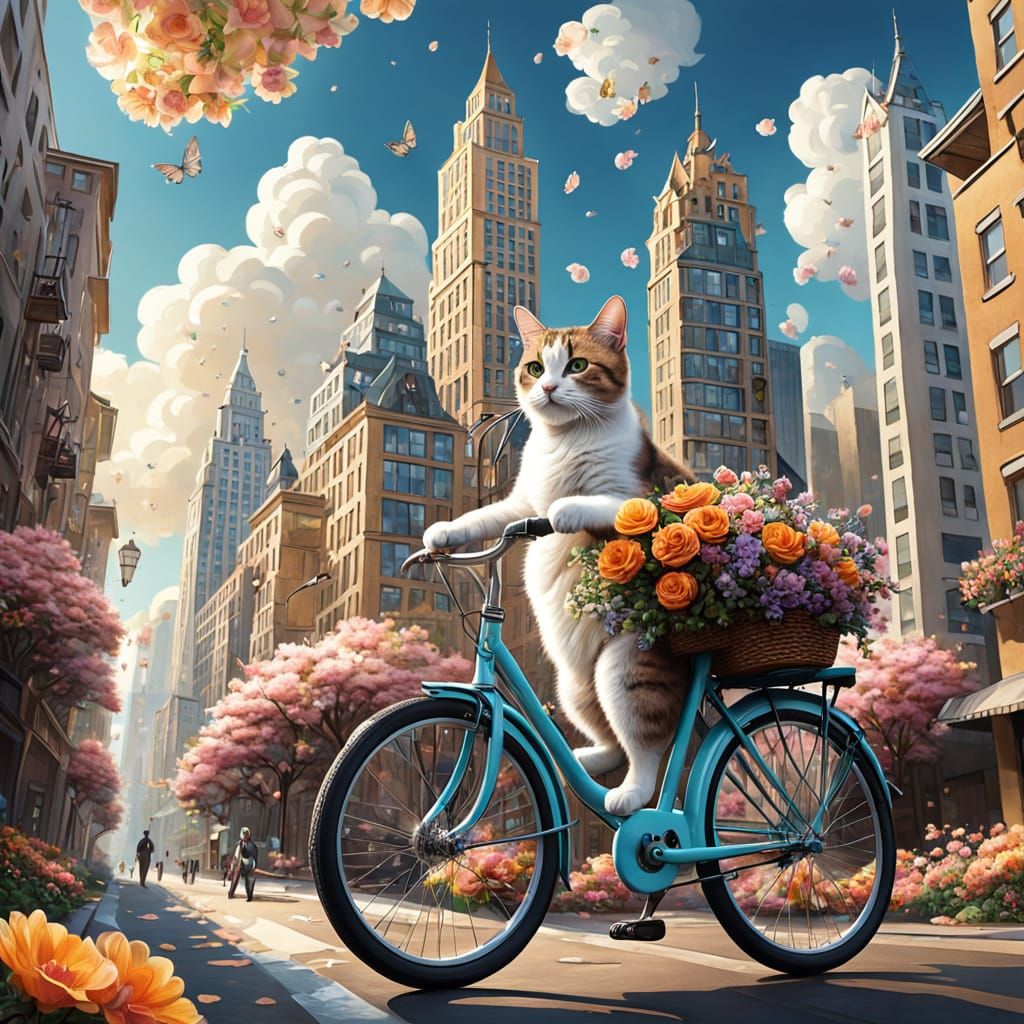 Cats on Bicycles in Surrealist Cityscape