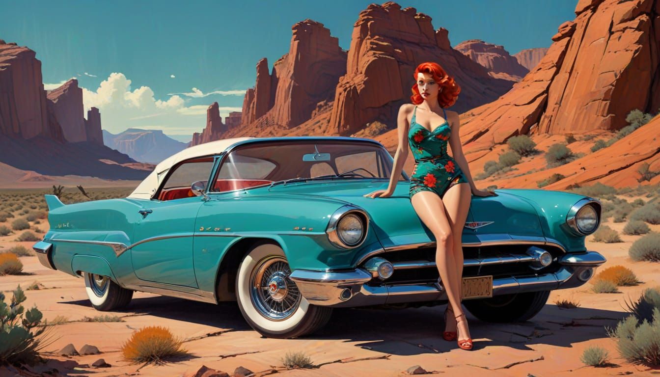 Retro Pin-Up Girl with Vintage Car, 1950s Style