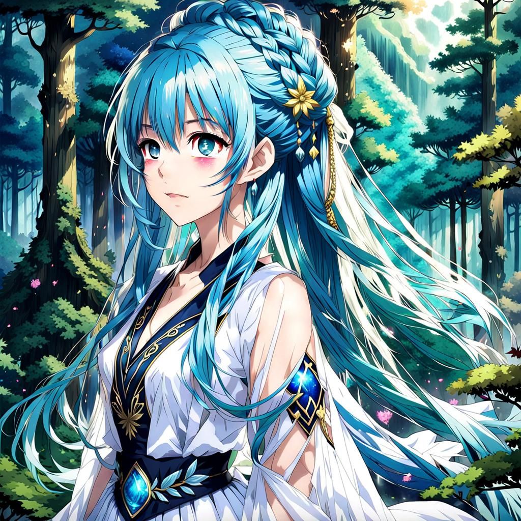 Anime Girl in Water Gown Curtseying in Forest