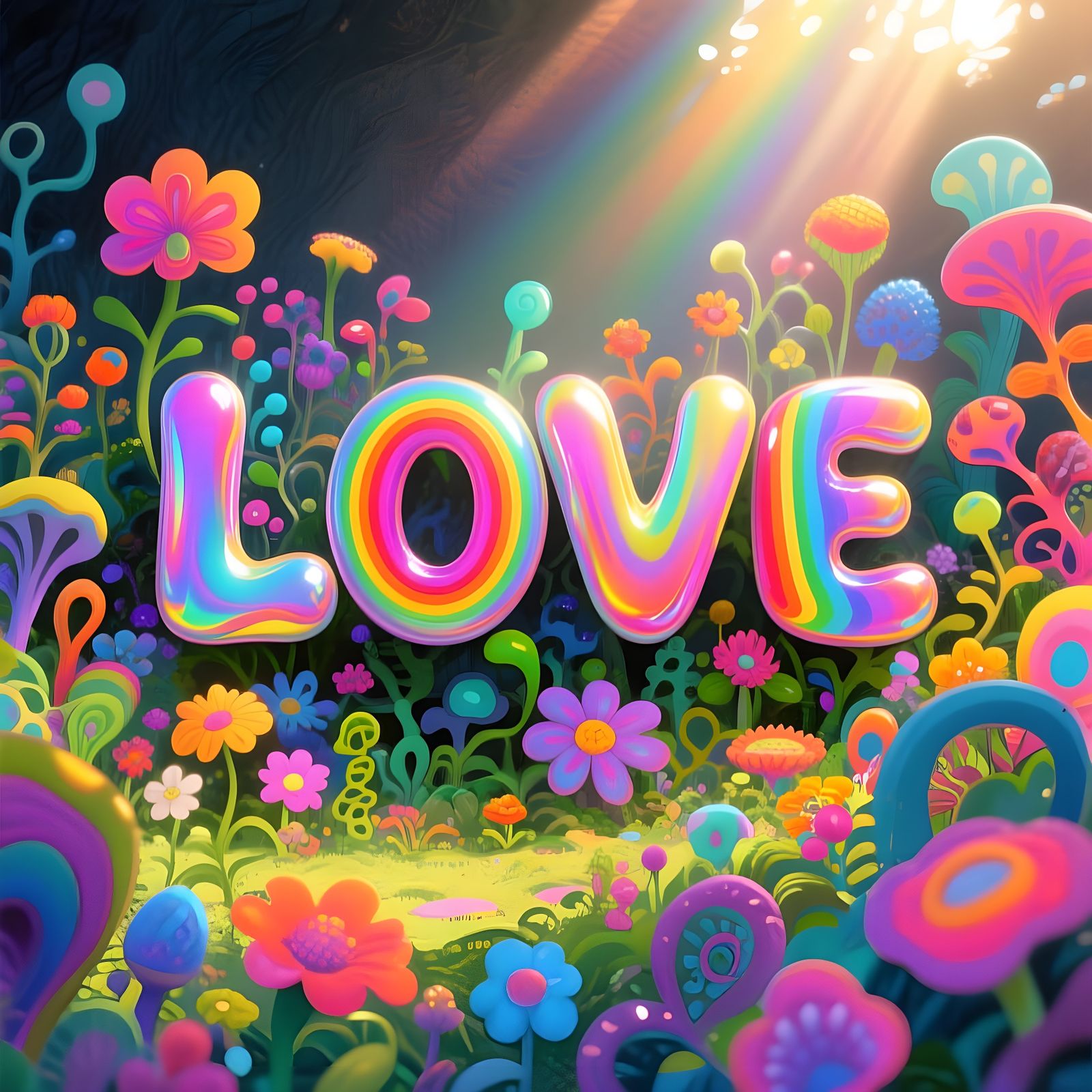 Colorful 'LOVE' Illustration in Whimsical Garden