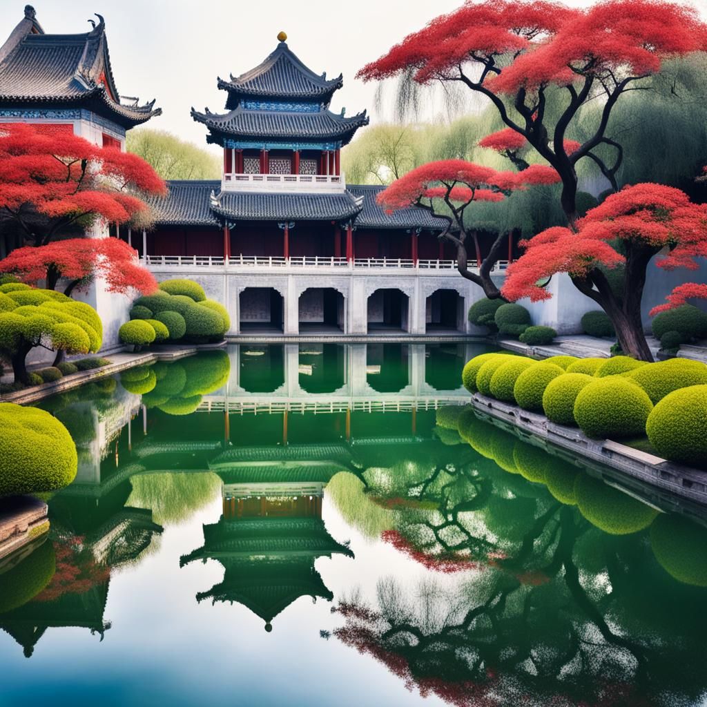 Reflections of Flowers in Chinese Garden Pool