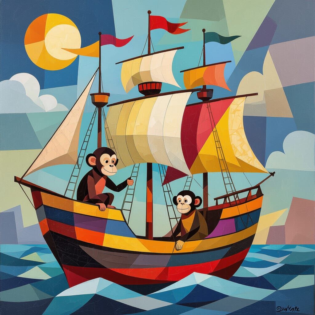 Cubist Ship with Monkey in Neo-Cubism Art Deco Style