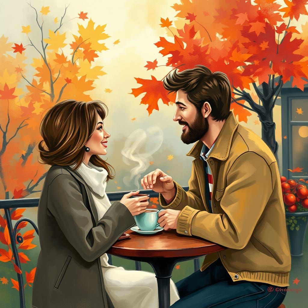 Cozy Autumn Cafe Scene in Impressionistic Style