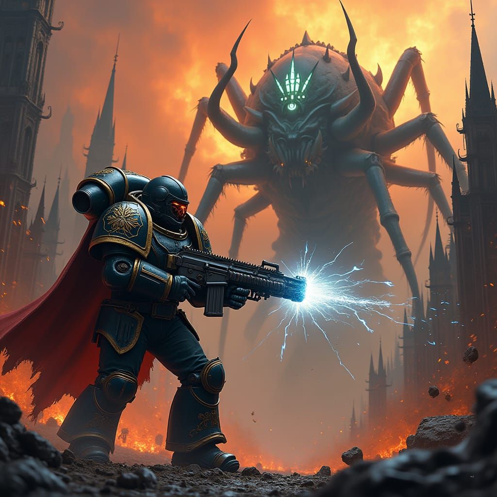 Space Marine Battles Tyranid in Gothic Cityscape