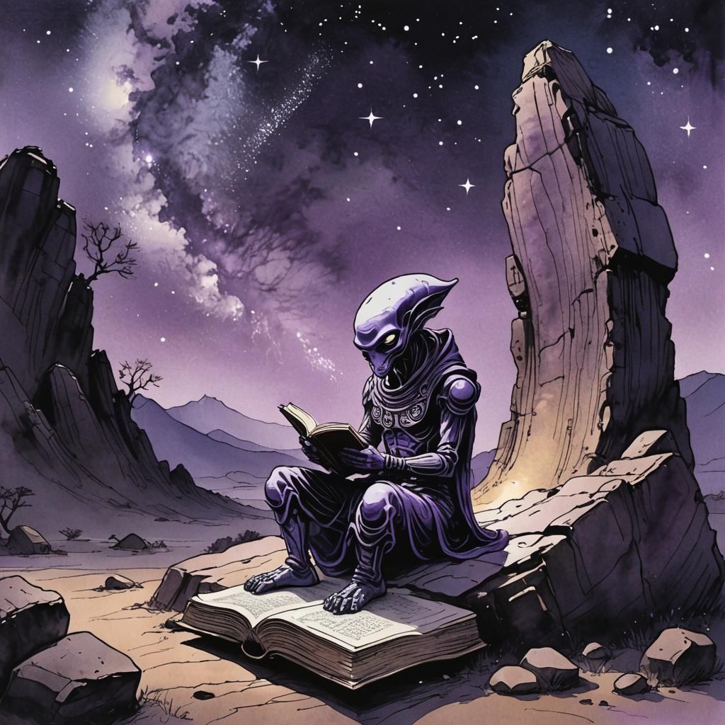Alien Reads on Ancient Stone in Sumi-e Style