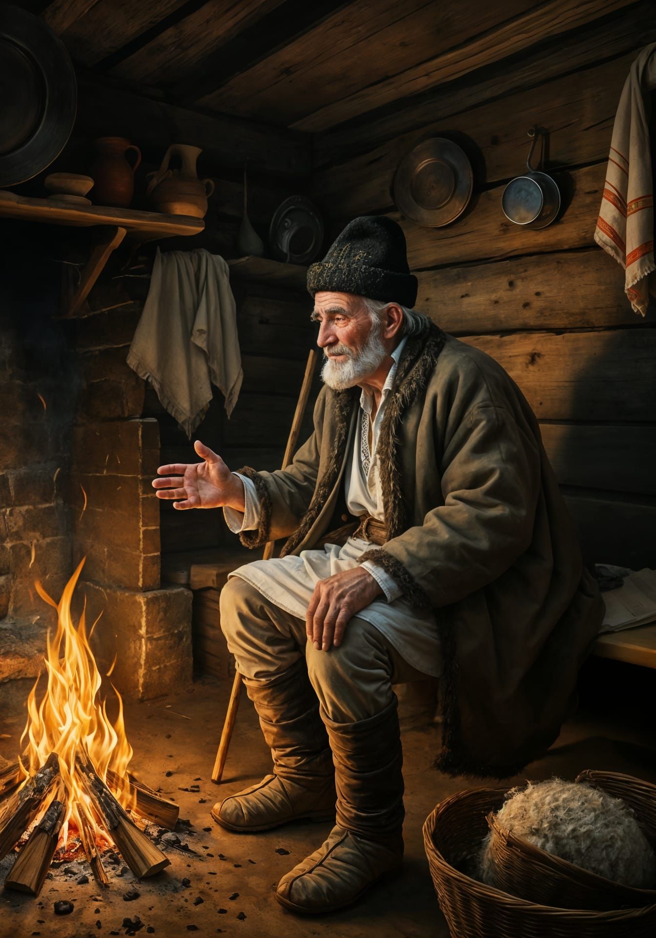 Aged Romanian Shepherd Shares Tales by Cozy Fire