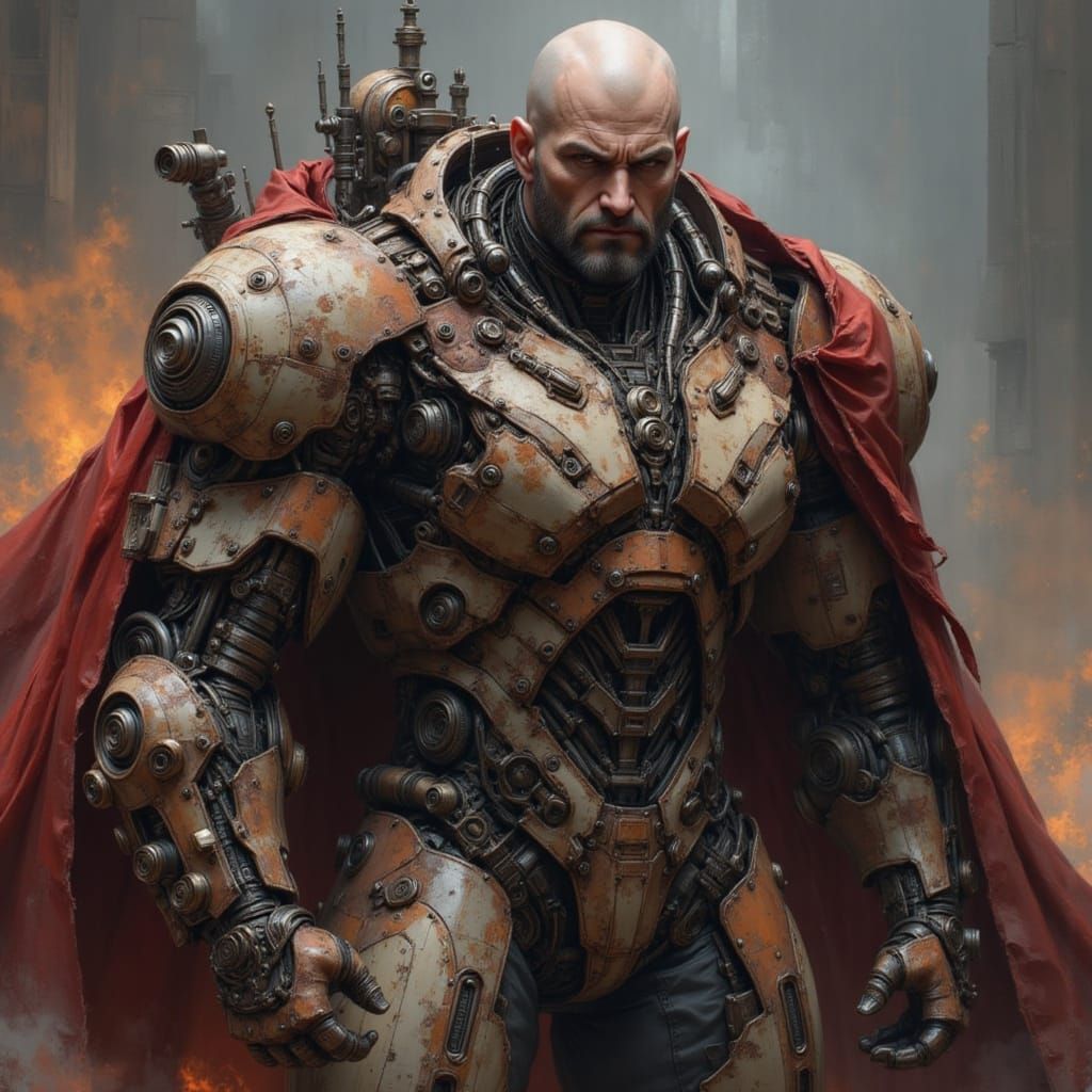 Cyborg Warrior with Flowing Cape in Metallic Armor