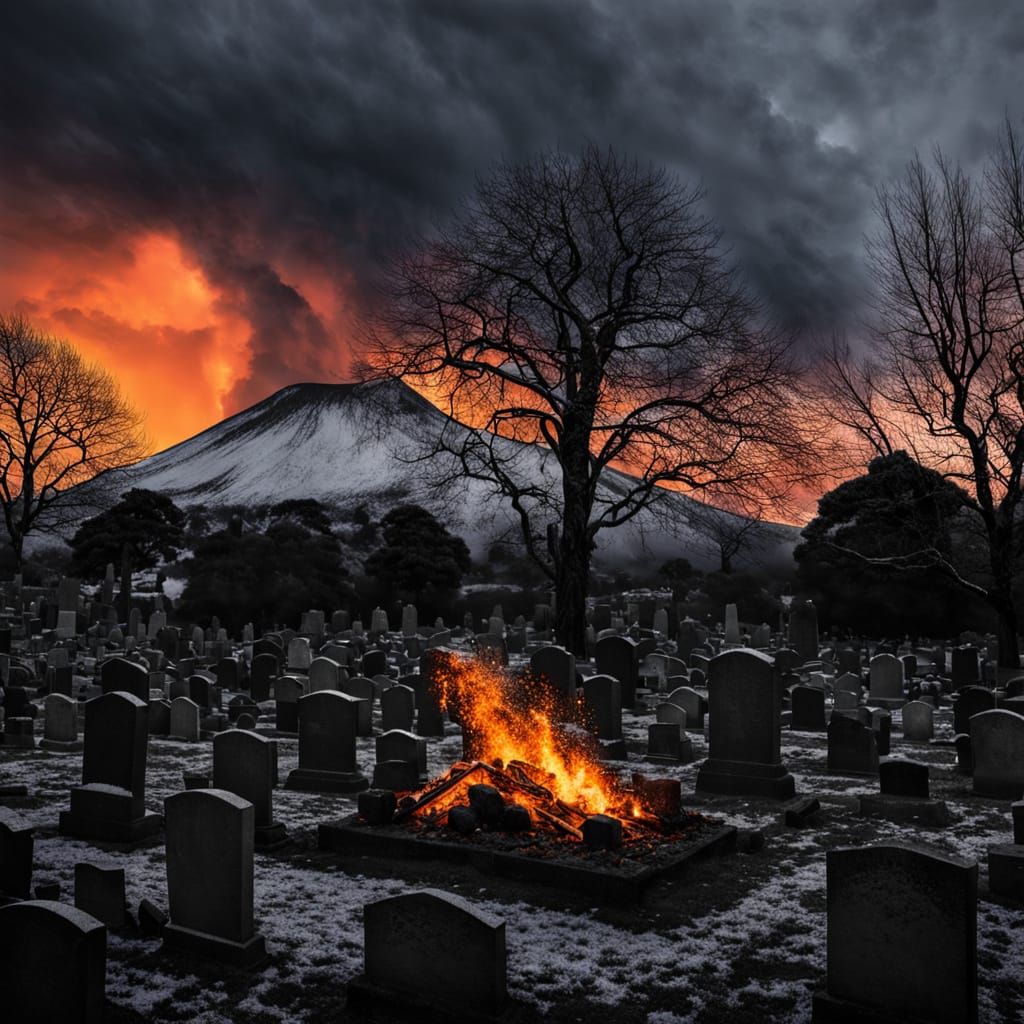 Mourning Procession Amidst Volcanic Ashes