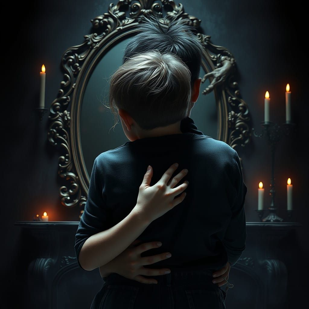 Young Child's Desperate Embrace in Dark Fantasy Landscape