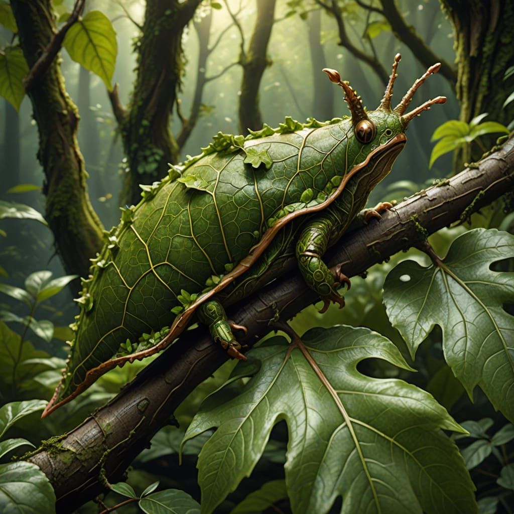 Detailed Concept Art of a Leaf Slug on a Branch