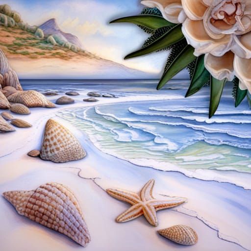 Mediterranean Beach Scene in Decoupage Style