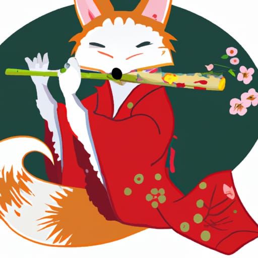 Japanese Fox in Kimono Playing Flute